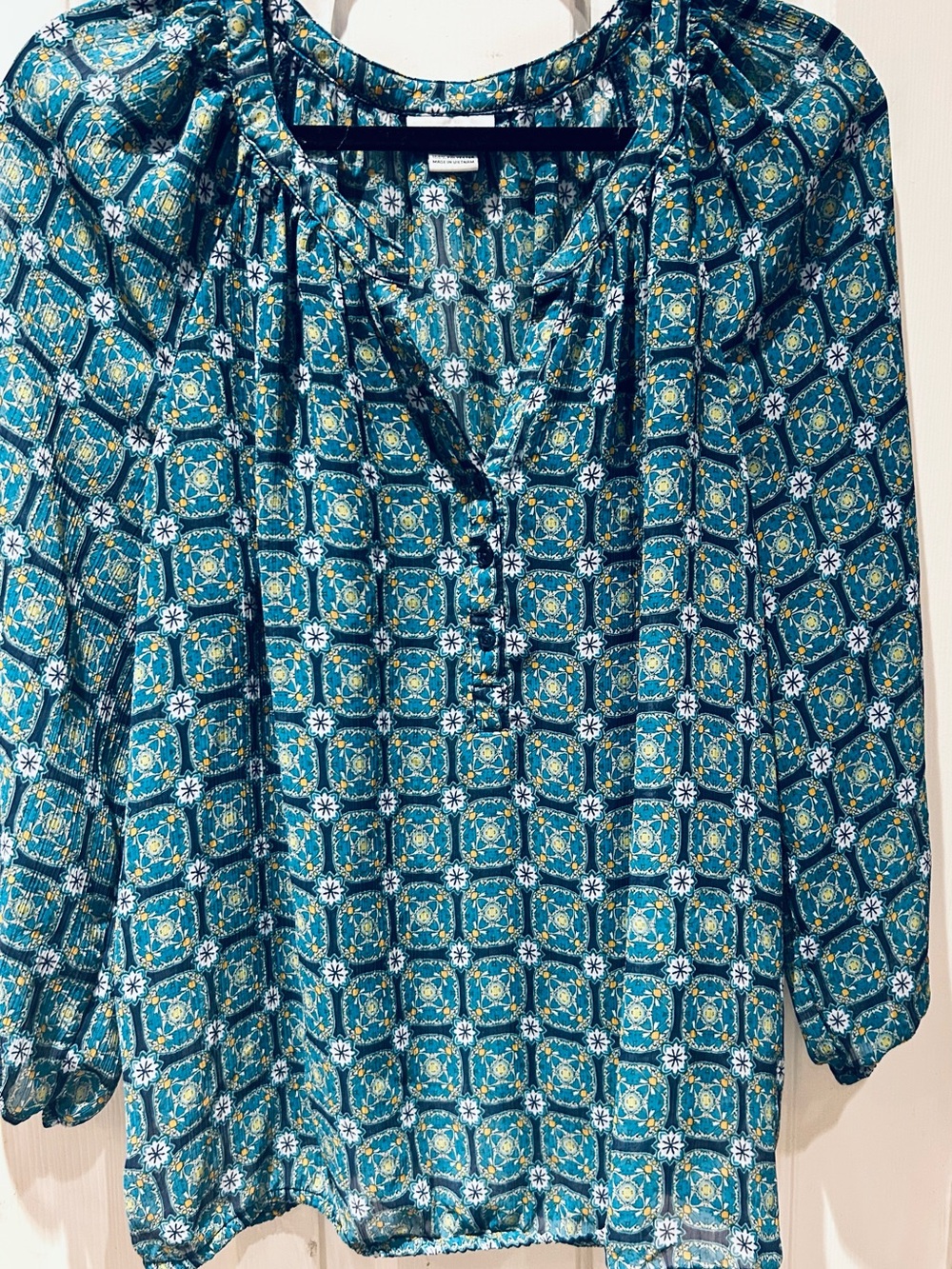 Liz Claiborne Teal Geometric Floral Peasant Blouse